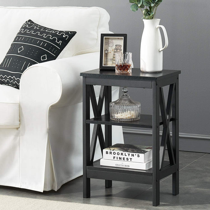 Side Table with 3-Tier Storage Shelf, Black