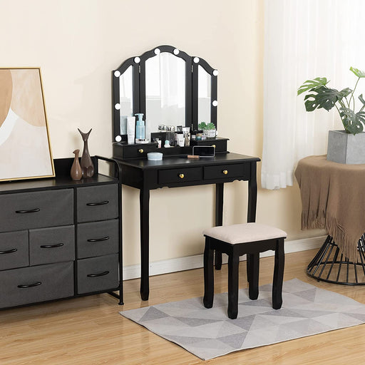 Black Vanity Set with Lighted Tri-Fold Mirror