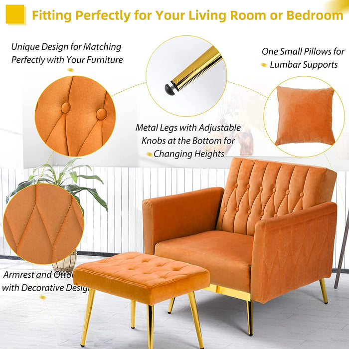 Velvet Accent Chair with Adjustable Armrests, Orange