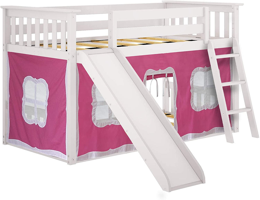 Low Bunk Bed with Slide and Curtains, White/Pink