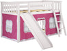 Low Bunk Bed with Slide and Curtains, White/Pink
