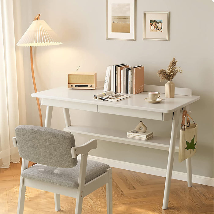 White Solid Wood Desk with Drawers