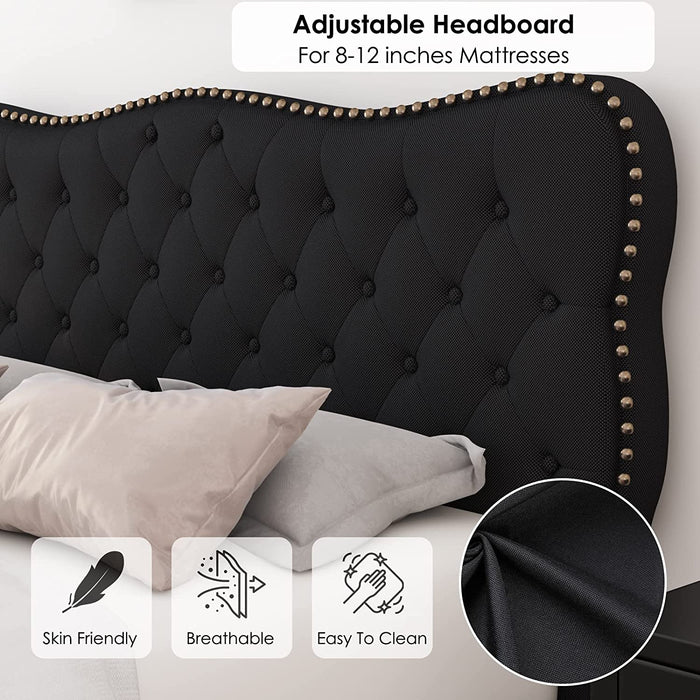 Queen Size Bed Frame, Linen Fabric Upholstered, Adjustable Headboard, Wood Slats