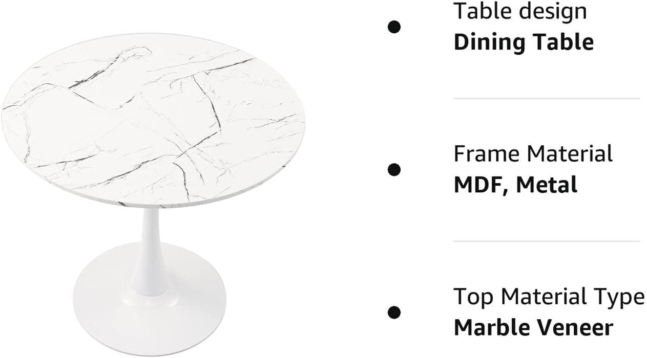 Modern round Dining Table, 32", Faux Marble Top, White