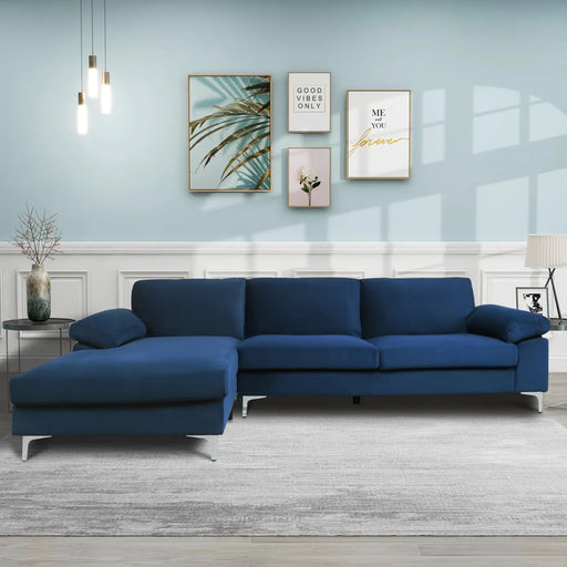 Navy Blue Velvet Sectional with Left Chaise