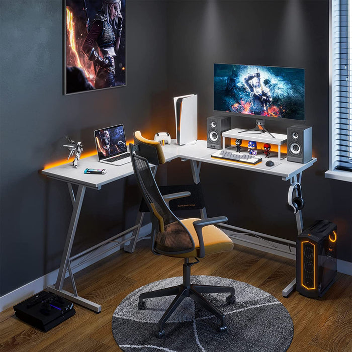 L-Shaped Gaming Desk with Monitor Stand, White