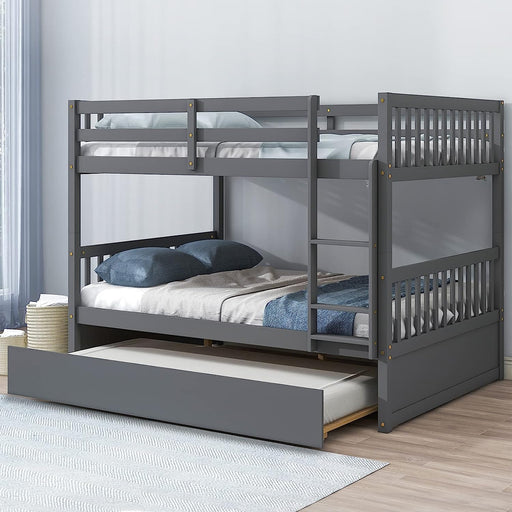 Full over Full Bunk Bed with Trundle, Pine, Ladder, Grey