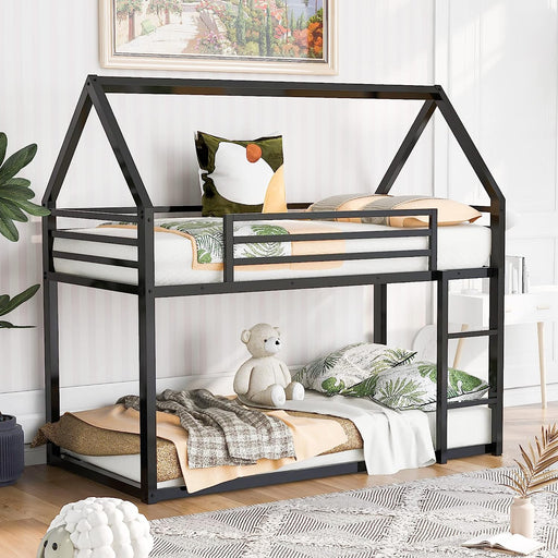Twin Metal House-Shaped Low Bunk Beds with Safety Guardrail & Ladder