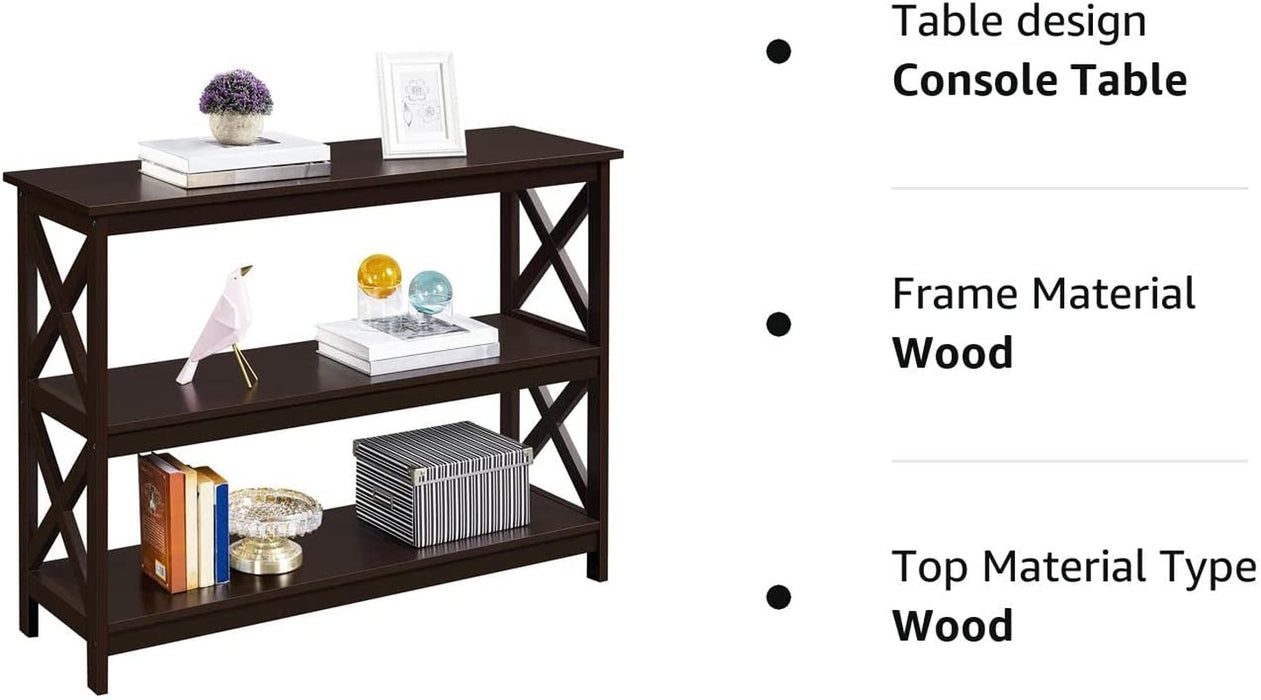 3-Tier Espresso Console Table with Storage Shelves