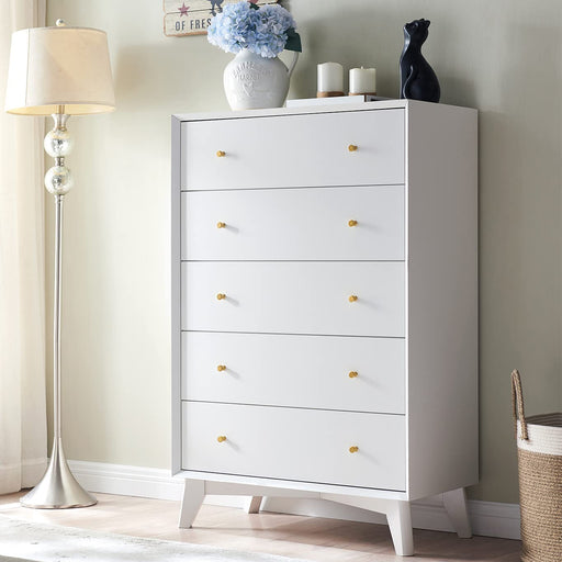 Mid-Century 5 Drawer Dresser in Solid White