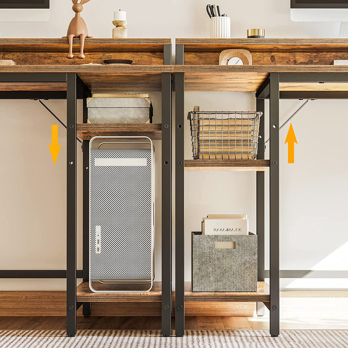 Rustic Brown Computer Desk with Monitor Stand and Storage Shelves