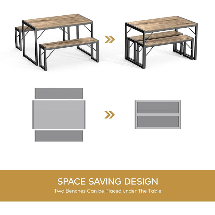 Dining Table Set for 4 with 2 Benches, Gray