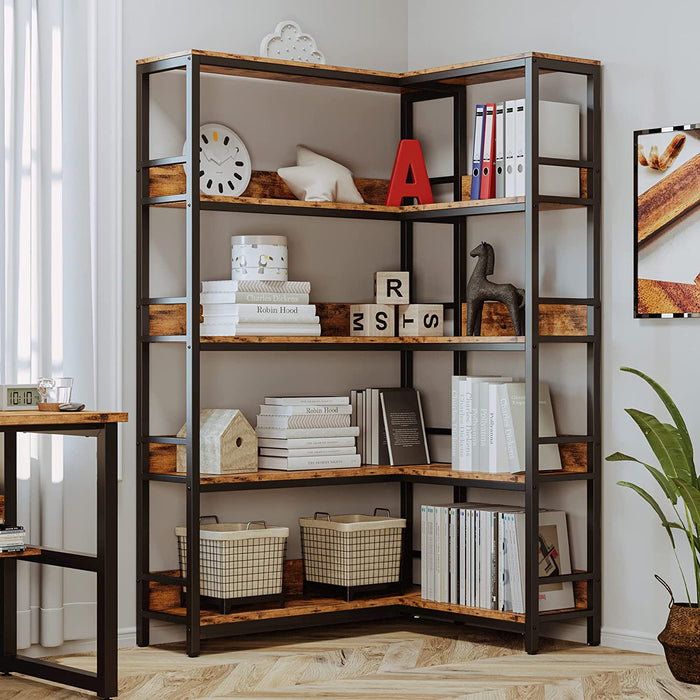 5-Tier Industrial Corner Bookcase with Metal Frame