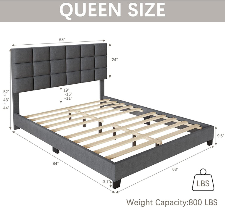 Queen Upholstered Bed Frame, Adjustable Headboard