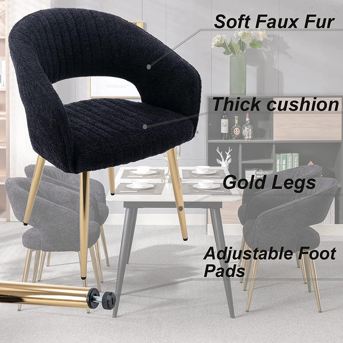 Gold Leg Faux Fur Dining Chairs (Set of 6, Black)