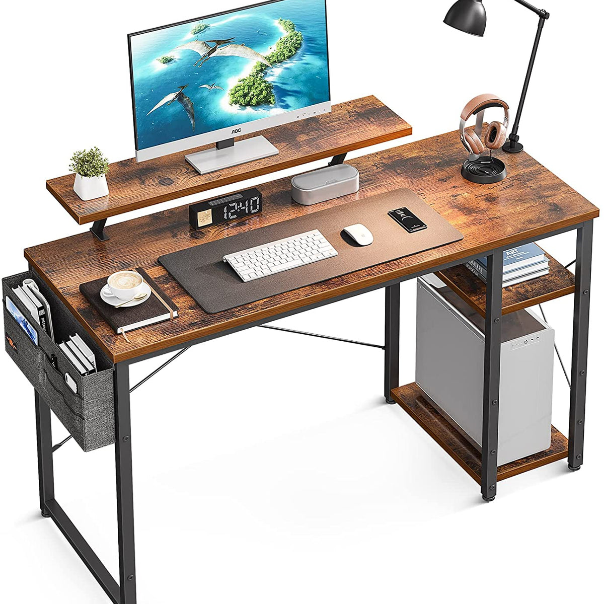 ODK Computer Desk with Adjustable Monitor Shelves, 55 inch Home Office Desk  with Monitor Stand, Writing Desk, Study Workstation with 3 Heights (10cm,  13cm, 16cm…