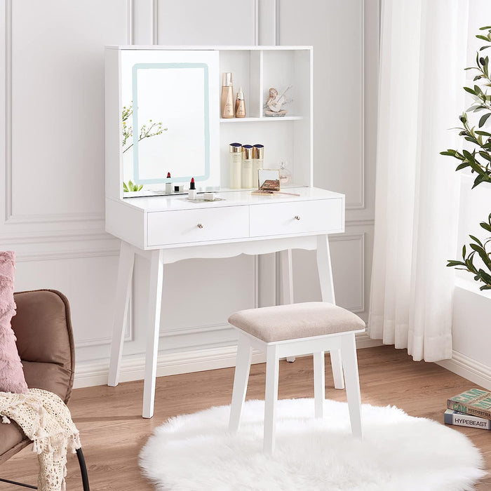 White Vanity Desk with Mirror, Lights, and Drawers