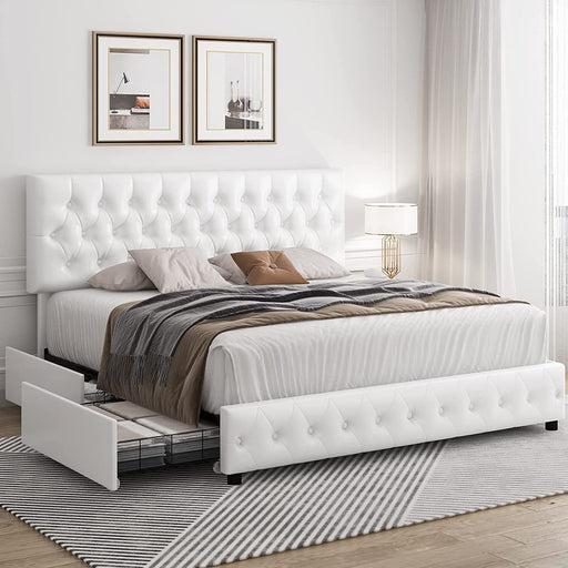 White Queen Bed Frame with Button Tufted Headboard