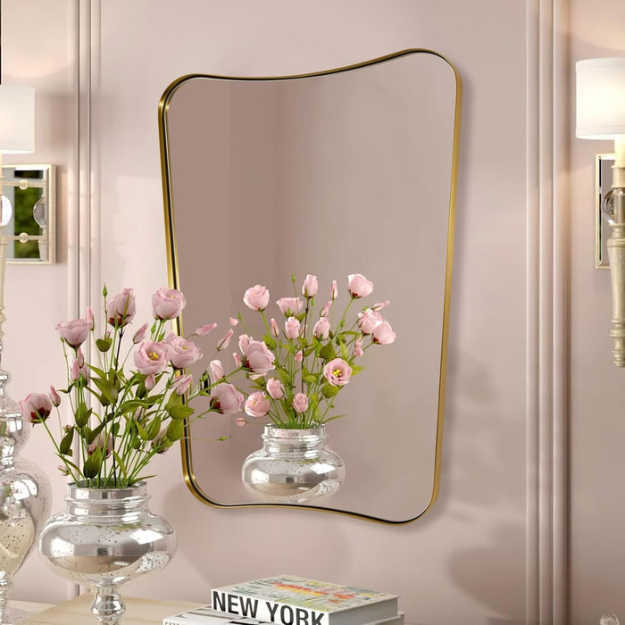 Bathroom Vanity Mirror, Brushed Gold Mirror for Wall, 22X30 Irregular Wall Mirror, Gold Asymmetrical Mirror in Stainless Steel Metal Frame for Bathroom, Bedroom, Living Room, Mantel