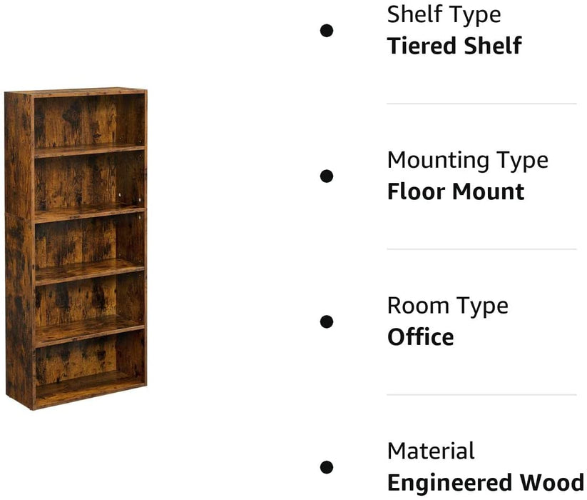 Rustic Brown 5-Tier Bookshelf with Adjustable Shelves