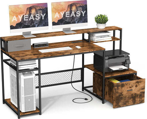 Large Desk with Monitor Stand, Rustic Brown