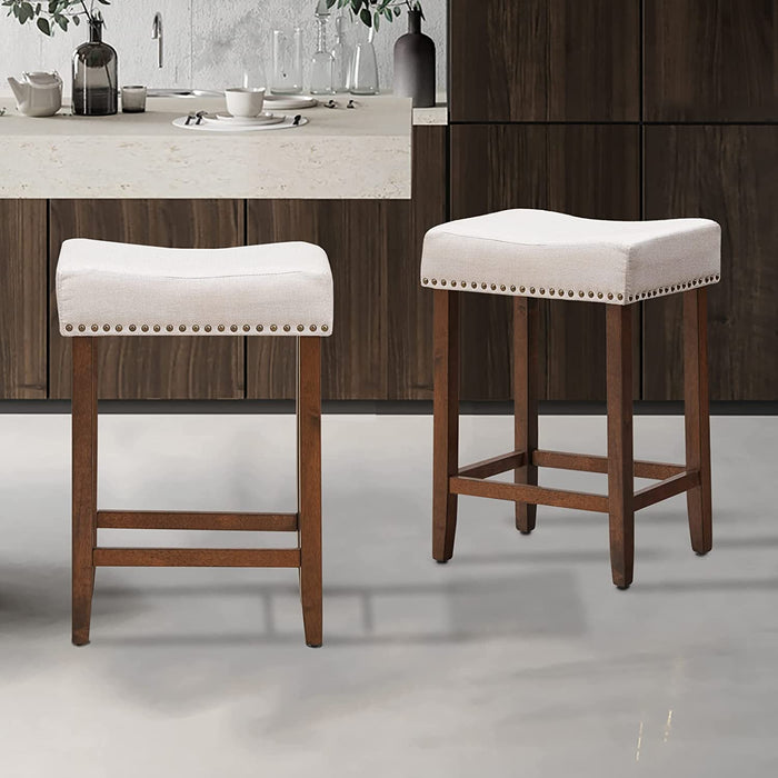 Backless Fabric Saddle Barstools, Set of 2 in Beige/Brown