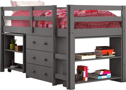 Low Loft Bed with Desk, Twin, Dark Grey