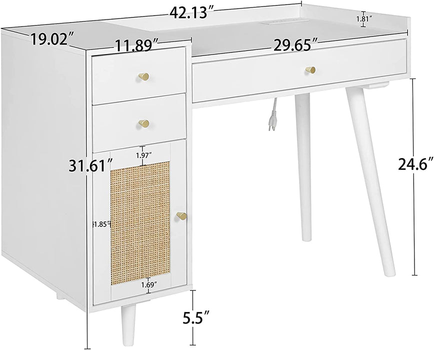 White Vanity Desk with Drawers and Storage