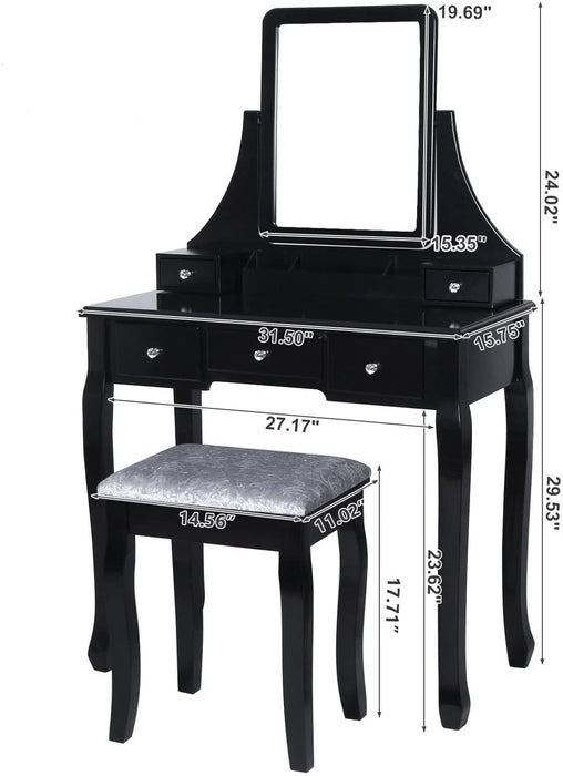 Vanity Table Set with Mirror, Stool, 5 Drawers (Black)