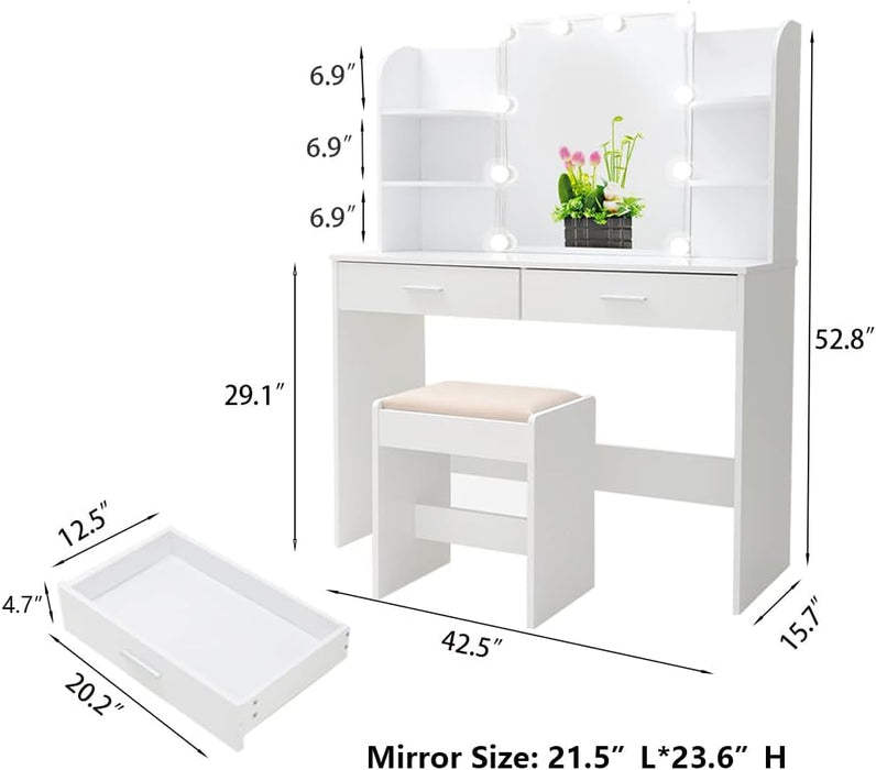 Large Vanity Set with 10 Light Bulbs, 2 Drawers (White)