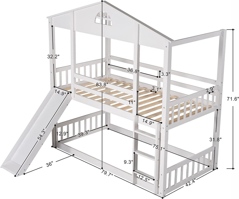 White Bunk Bed with Slide and Safety Rail