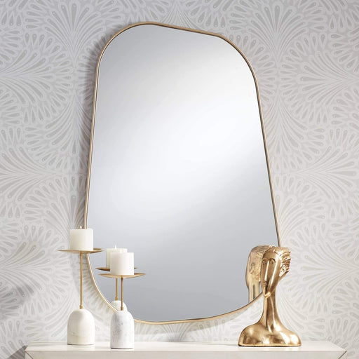 Reuleaux Rectangular Vanity Decorative Accent Wall Mirror Modern Asymmetrical Curved Corner Champagne Gold Frame 26" Wide for Bathroom Bedroom Living Room Home Office Entryway