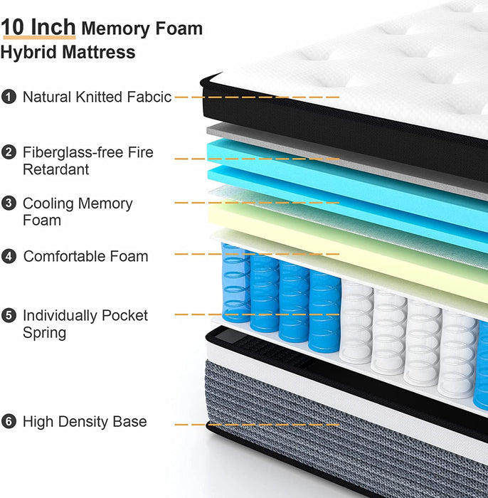Cooling-Gel Memory Foam Queen Mattress W/ Pocket Innerspring Hybrid