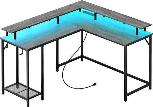 Gray L-Shaped Gaming Desk with Power & Lights
