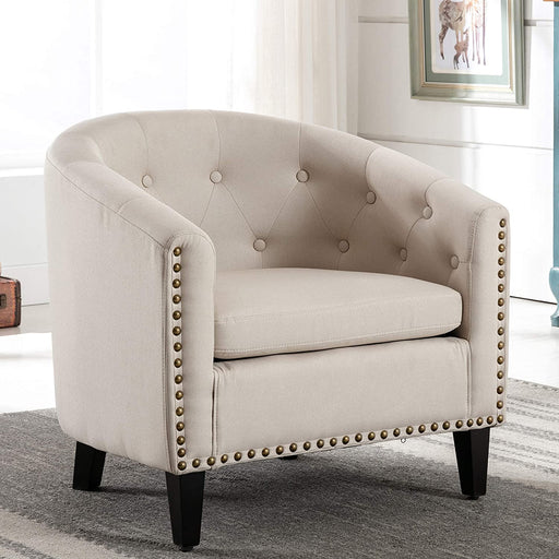 Linen Tufted Barrel Chair with Wooden Legs