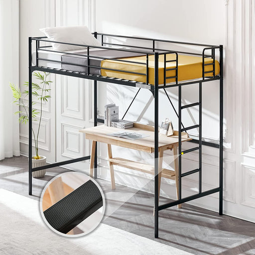 Twin Loft Bed with Stairs, Metal, Guard Rails, Black
