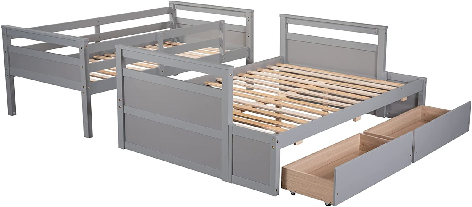 Twin over Full Wooden Bunk Bed W/ Storage, Grey