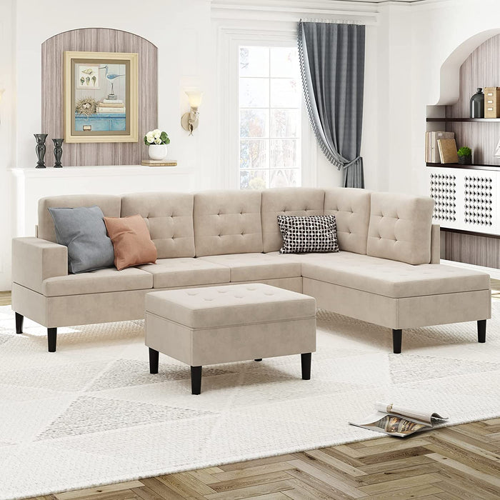 Modern Tufted L-Shaped Sectional Sofa with Ottoman, Beige