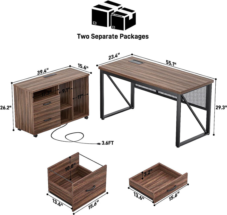 Rustic Oak L-Shaped Executive Desk with Cabinet