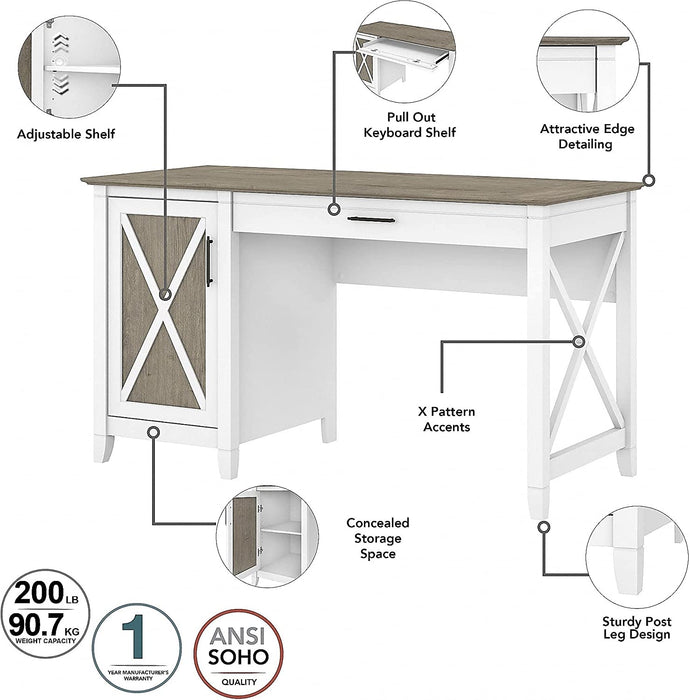 Key West Computer Desk with File Cabinet, 54W, Pure White