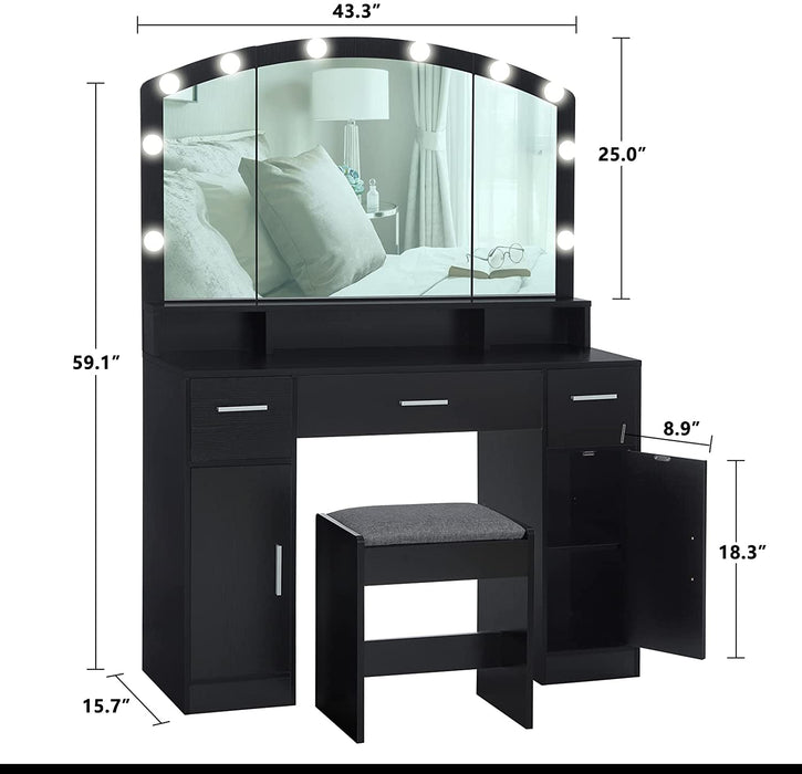 Black Vanity Table Set with Large Lighted Mirror