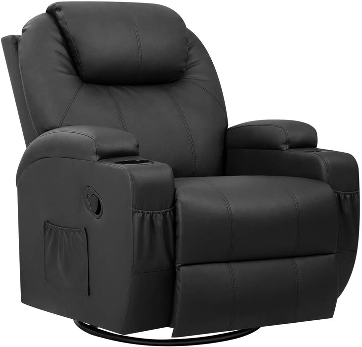 Swivel Rocker Recliner W/Massage, Heat, Remote, Cup Holders, Black