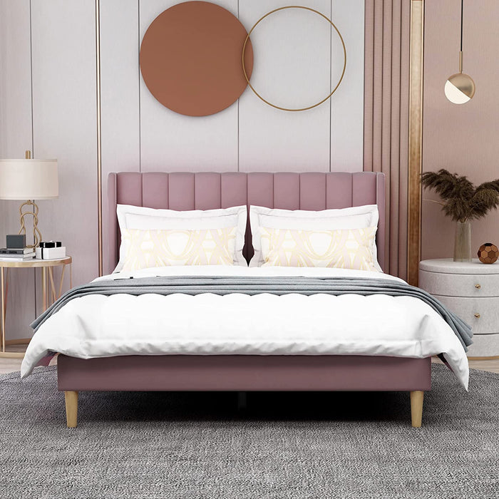 Queen Upholstered Platform Bed Frame, Pink Velvet
