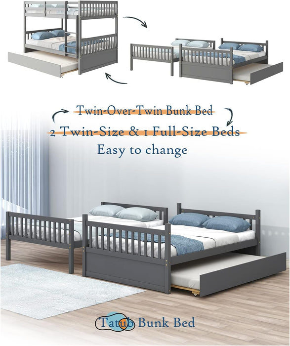 Full over Full Bunk Bed with Trundle, Pine, Ladder, Grey