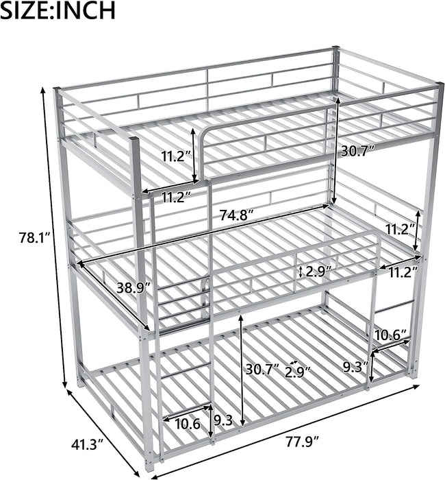 Silver Triple Metal Bunk Bed with Detachable Feature