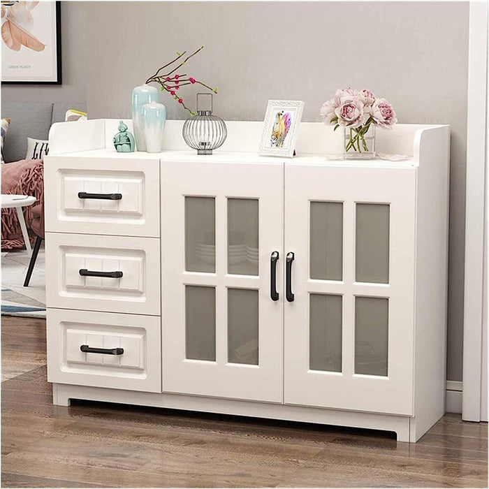 White Console Entryway Table with Storage Cabinets and Drawers