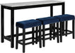 Blue Velvet Bar Table with 3 Stools, Faux Marble