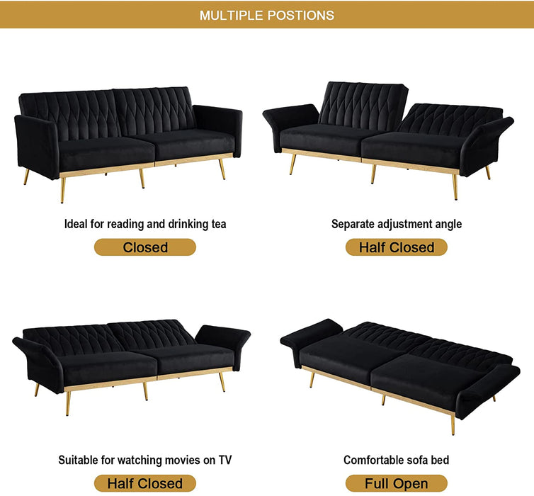 Black Velvet Convertible Sofa Bed with Metal Legs