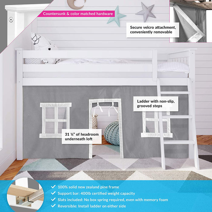 White/Grey Twin Low Loft Bed with Curtains
