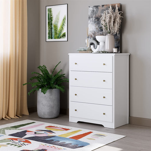 White Dresser, 4 Drawers, Solid Wood Frame